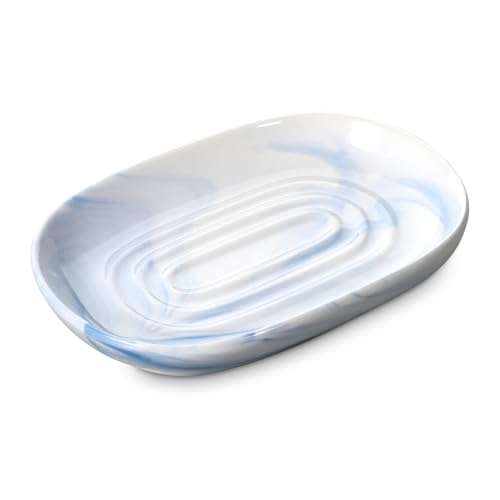 Ceramic Soap Dish, Blue Decorative Bathroom Soap Dish with Unique Marble Texture, Easy Clean Oval Decorative Soaps Tray for Bathroom & Kitchen