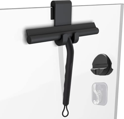 Squeegee for Shower Glass Doors, Resilient Loop - No-Drill & Adhesive Hook, Silicone Shower Squeegee with Stainless Steel Core, Cleaning Tool for Home, Kitchen, Bathroom & Car - Black - color: Black, size: with loop