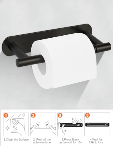 YUET Toilet Roll Holder, Self Adhesive or Screw in Wall Mounted Options, Double Post Pivoting Tissue Roll Holder, Stainless Steel Rustproof Stick On No Drilling Wall Mount for Bathroom, Matte Black - color: Black-pivoting