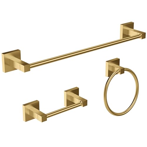 RUACQ 3 Pieces Bathroom Hardware Set, SUS 304 Stainless Steel Toilet Paper Holder, Towel Ring, 18-inch Towel Bar Set, Wall Mounted, Heavy Duty (Brushed Gold) - color: Brushed Gold, size: 3pcs