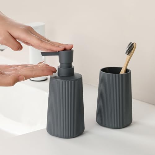 YAUKPH Bathroom Accessories Set 2 Piece Soap Dispenser and Toothbrush Holder for Bathroom Countertop Striped Gray - color: Striped Gray