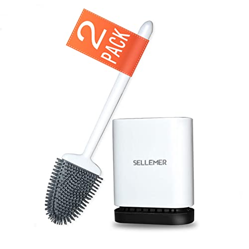 Sellemer Toilet Brush and Holder Set for Bathroom, Flexible Toilet Bowl Brush Head with Silicone Bristles, Compact Size for Storage and Organization, Ventilation Slots Base (2 Pack, Pearl White) - color: Pearl White-2pcs