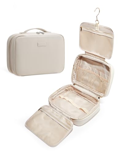 EACHY Toiletry Bag with Hanging Hook, Travel Makeup Bag PU Leather Cosmetic Bags for Women Make Up Organizer with 4 Compartments Waterproof Full-Size Portable Travel Essentials (Beige) - color: A-Beige