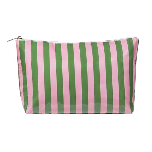 RSRSLEII Large Waterproof Travel Stripe Makeup Bag,Aesthetic PVC Toiletry Bag,Coquette Cosmetic Bag Organizer,Cute Preppy Carry-on Travel Accessories Essentials for Women Girls(01Pink Green) - color: 01Pink Green