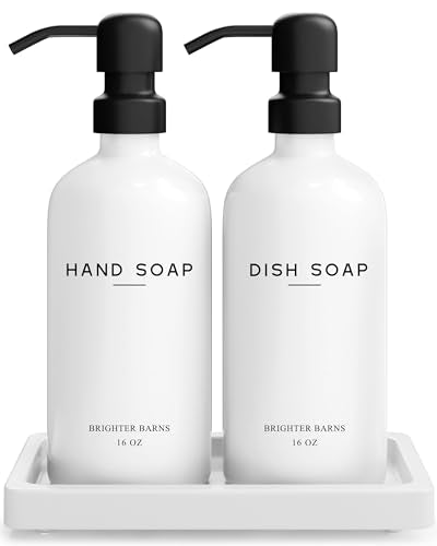 White Glass Hand and Dish Soap Dispenser Set by Brighter Barns - Kitchen Soap Dispenser Set with Tray for Kitchen, Home or Vacation Rental - Modern Kitchen Decor & Accessories (White) - color: White Hd