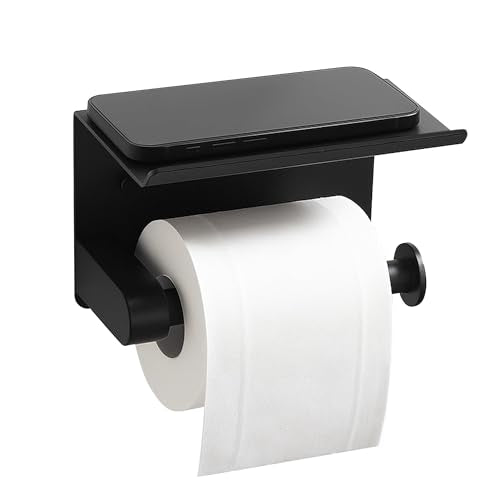 BGL Toilet Paper Holder with Shelf, Matte Black Rustproof Adhesive or Drill Installation Fits Mega Rolls Bathroom Tissue Holder - color: Black