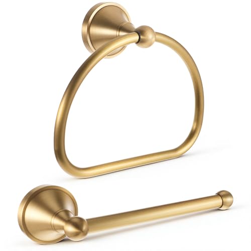 2 Pcs Brass Toilet Paper Holder Towel Ring Set, Brushed Gold Bathroom Hardware Hand Towel Holder Rustic Towels Rack Bathroom Accessories Set Wall Mount