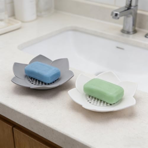 2 Pcs Lotus Shape Shower Steamer Tray, Silicone Soap Holder Non-Slip, Flower Shape Draining Soap Dishes with Self Draining for Shower Bathroom Counter,Non-Slip Holders,Bathtub,Modern Bathroom Decor