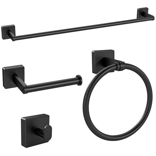 KLJKPA Black Bathroom Accessories Set, 24 inch Towel Racks for Bathroom, Stainless Steel Bathroom Hardware Set, Wall Mounted, 4-Piece - color: Black