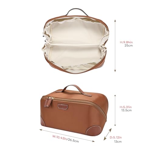 GIVLEFLY Makeup Bag for Women, Large Cosmetic Bag, Travel Toiletry Bag, Waterproof Nylon Organizer with Microfiber Leather, Flat Open for Skincare & Brushes