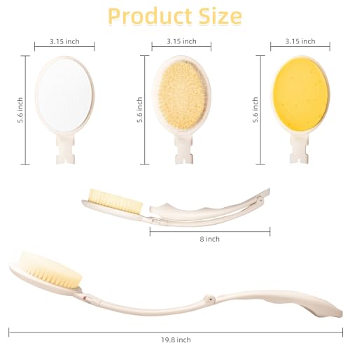 LFJ 19" Long Handle Shower Sponge Brush Set, 3 in 1 Body Brush, Bath Sponge and Lotion Applicator Improved Skin Health, Suitable for Men and Women (White Brush-2P) - size: 2P