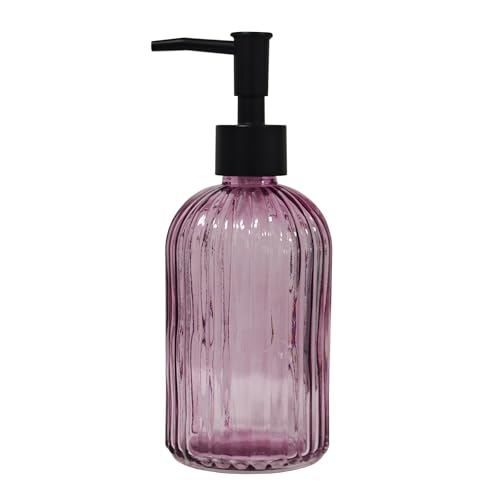 Black Pump Glass Soap Dispenser, 13.5oz Purple Stripe Countertop Refillable Liquid Bottle Hand Dish Lotion Dispenser with Plastic Pump, for Kitchen, Bathroom Countertop - color: Purple