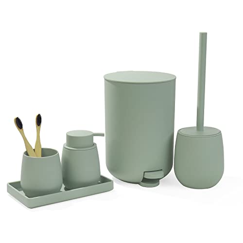 GAHEFY Sage Green Bathroom Accessories Set with Small Trash Can 3 Liter/0.8 Gallon,Toothbrush Holder,Soap Dispenser,Vanity Tray,Toilet Brush and Holder Green 5PCS - style: Green 5 pcs