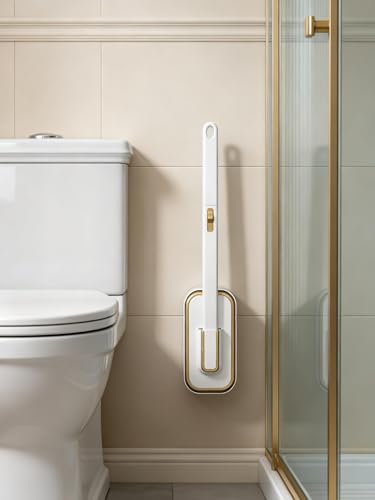 Disposable Toilet Brush Set with 24 Refill Heads, Wall Mounted Bathroom Cleaning Wand, 3-Layer Scrubbing Pads with Built-in Cleaner, One-Click Contactless Replacement, White and Gold