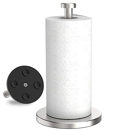 VEHHE Paper Towel Holder Countertop, Stainless Steel Paper Towel Holder Stand with Weighted Base Suction Cups, Standing Paper Towel Roll Holder for Kitchen Bathroom (Silver) - color: Suction Base | Silver