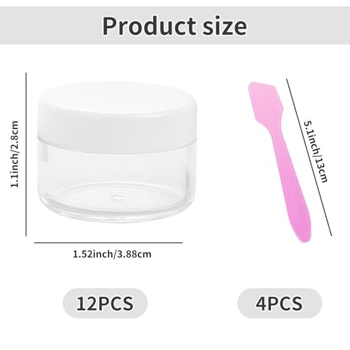 12 Pcs 15ml/0.5oz Small Travel Containers, 4 Pcs Makeup Spatula, Clear Plastic Cosmetic Jar Refillable Roun for Lotion Cream Products Sample Bottles, Plastic with Screw on Lid Container (white) - color: white