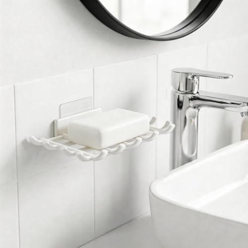 Bar Soap Holder for Shower Wall, Self Draining Plastic Bar Soap Dish Tray Container Case for Bathroom Sink, Adhesive Shower Soap Dish Holder Wall Mounted, White 2 Pack - color: White