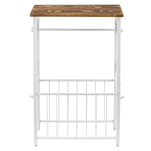 MyGift Toilet Paper Holder Stand with Shelf, Bathroom Table Stand Storage with Magazine Holder Basket, Scrollwork Design, White Metal - color: White