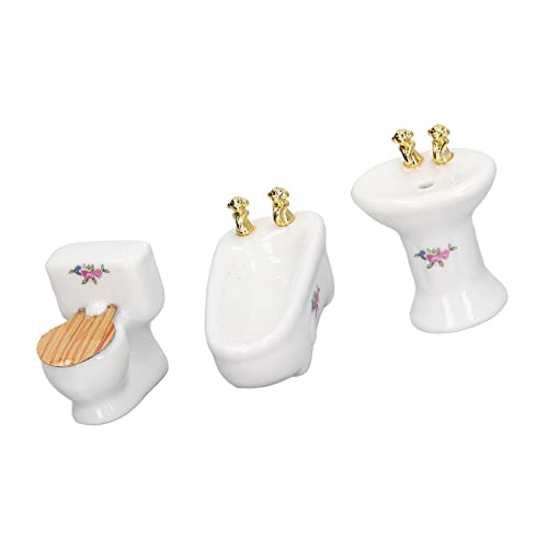 1:24 Dollhouse Miniature Bathroom Set, Ceramic Simulation Bathtub Toilet Sink, Miniature Furniture, Mini Ceramic Bathroom Furniture Set for Dollhouse Restroom Decoration (Flower Pattern)