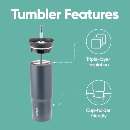 Owala Stainless Steel Triple Layer Insulated Travel Tumbler with Spill Resistant Lid and Straw, BPA Free, 24 oz, Black/Grey (Foggy Tide) - color: Foggy Tide, size: 24 Ounces (Pack of 1)