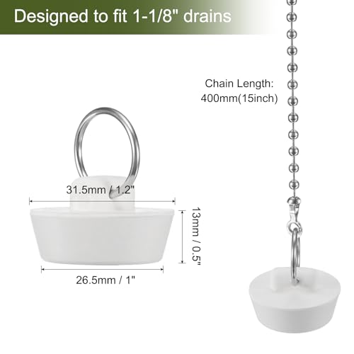 uxcell 2 Pcs Tub Stoppers, Rubber Bathtub Stoppers 1-1/8" Kitchen Sink Drain Stopper, Bathroom Drain Plug with Pull Ring and 15" Beaded Chain, White - size: 1-1/8"