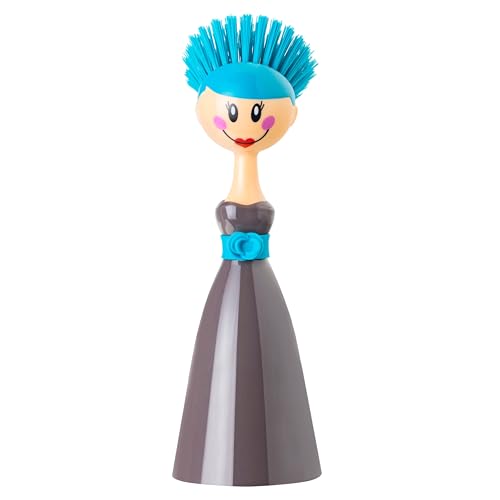 Vigar Dolls Dish Brush with Handle and Holder - Dish Scrubber Brush for Dishes and Pans, Kitchen Scrub Brush, Dishwashing Brush for Kitchen Sink Cleaning, Cute Standing Dish Brush Design - Gray, Blue - color: Gray, Blue