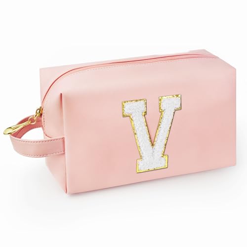 Personalized Initial Makeup Bag with Handle, Preppy Cosmetic Bag with Inner Zipper Pocket, 8 9 10 11 12 13 14 Years Old Girl, Graduation Gifts for Teen Girls Women Teachers (V, Pink) - color: Pink, style: V