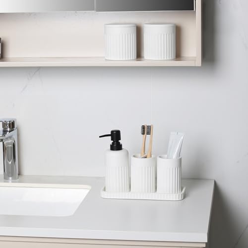 INIUNIK Bathroom Accessory Set - 6 Pieces Bathroom Accessories Set Complete with Soap Dispenser, Toothbrush Holders, Tumbler, Vanity Tray and 2 Qtip Holder for Home Organizer and Decor, White - color: White Sandy Stone