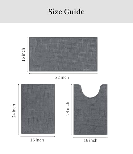 YIHOUSE Bathroom Rugs Sets 3 Piece Gray, 16x24+16x24U+16x32in | Non Slip, Quick Dry, Absorbent, Washable, Fit Under Door - color: Grey, size: 16x24+16x24U+16x32