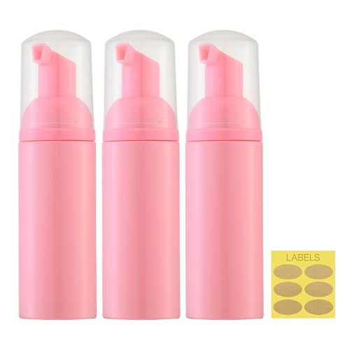 Travel Foam Pump Bottle - 2oz Small Size Foaming Hand Soap Dispenser - Mini Portable Mousse Lash Shampoo Kit Container for Hair - Empty Leak Proof Plastic Pink Foamer 3Pack - color: Pink