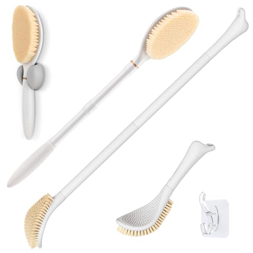 Foot Brush & Back Scrubber Set, 27.5'' Adjustable Foot Scrubber for Shower, 18.9'' Shower Back Scrubber with 3-Length Usage, Great Aid for People with Limited Mobility(White Set) - color: White+back Scrubber
