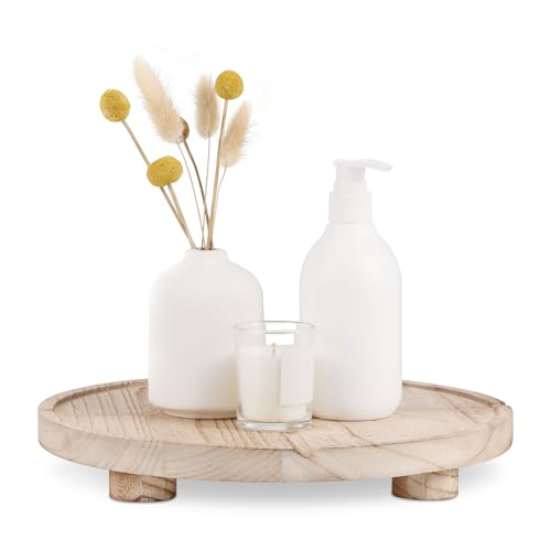 12'' Round Wooden Tray Pedestal Stand, Farmhouse Bathroom Decor Riser for Soap Dispenser, Perfume, Candle, 12'', Light Brown - color: 12''-light Brown