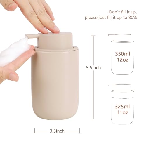 BosilunLife Foaming Soap Dispenser Set - Khaki Ceramic Foam Hand Dispenser 12oz Soap Dispenser Set with Rust Proof Pump, 4Pcs Clear Stickers for Kitchen, Bathroom - 2 Pack - color: Khaki-foam Pump