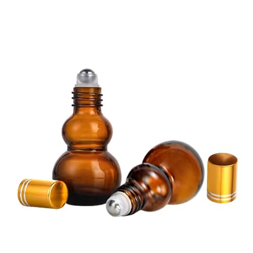 Essential Oil Roller Bottles, Amber Gourd Shaped Glass Roller Bottles with Stainless Steel Roller Ball, for Travel,Perfume (Amber-Gold Cap, 10ML) - color: Amber-Gold Cap, size: 10ML