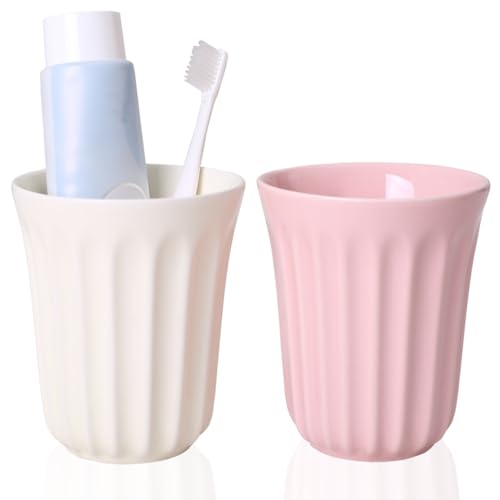 14oz Ceramic Toothbrush Cup Holder, Mouthwash Cups, Modern Bathroom Organizer for Countertop, Sink or Vanity, Colors, Set of 2. (White and Pink)