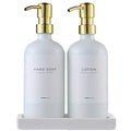 MaisoNovo Soap and Lotion Dispenser Set - Bathroom Soap Dispenser Set with White Soap Dispenser, Gold Pumps & Ceramic Tray - color: White Bottles/ Golden Pumps/ White Ceramic Tray