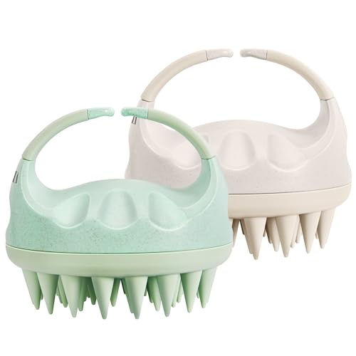 HEETA Scalp Massager Hair Growth with Soft Silicone Bristles to Remove Dandruff and Relieve Itching, Shampoo Brush for Hair Care & Relax Scalp, Scalp Scrubber for Wet Dry Hair (Green & Beige) - color: Beige & Green
