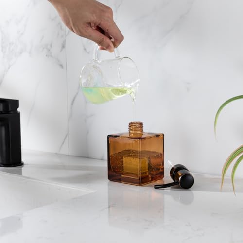 Square Bathroom Soap Dispenser Amber Bottle with Oil Rubbed Bronze Pump, Retangle Cube 8.4 oz Glass Bottles with Stainless Steel Pump Hand Liquid Soap Dispenser Kitchen - color: Amber and Oil Rubbed Bronze Pump, size: 8.4oz-Square