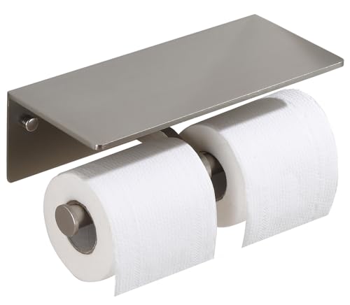 Toilet Paper Holder - Double Rolls Toilet Tissue Holder with Phone Shelf for Bathroom - TP Roll Holder with Wipes Storage, Wall Mounted by Adhesive Tape No Drilling or Screw - Brushed Nickel - color: Brushed Nickel-2 Rolls