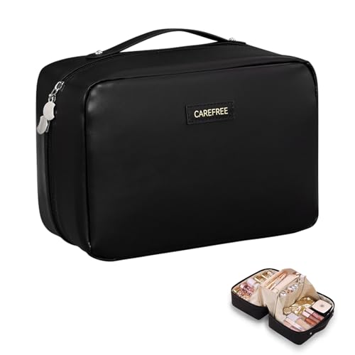 Travel Makeup Bag, Large Capacity Cosmetic Bags for Women, Waterproof Portable Pouch Open Flat Toiletry Bag Make up Bag, Black - color: Black