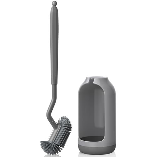 HAMITOR Toilet Bowl Brush Holder Set: Deep Cleaning Silicone Toilet Cleaner Scrubber Under Rim with Curved Bristle for Bathroom Dead Corner Clean - Modern Rv Toilet Decorative Accessories - Gray - color: Gray, size: 1Pack