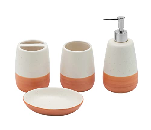 Orange Bathroom accesory Set 4pc,Coral Toothbrush Holder Terracotta Color soap Dispenser soap Dish Tumbler Cup for Bathroom Decor and Gift countertop Decor(Orange) - style: ORANGE