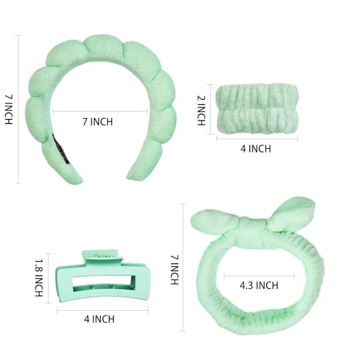 7 Pcs Spa Set, Facial Headband and Wristband Set, Skincare Accessories, College Style Girl Idea Gifts, Hair Accessories for Women and Girls（Light Green） - color: Light Green