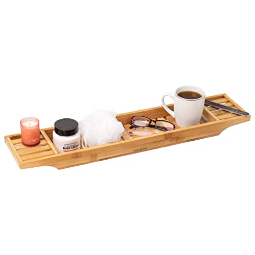 Mind Reader Bathtub Tray, Shower Organizer, Bathroom Accessory, Wood Tray, Rayon from Bamboo, 27.5" L x 5.75" Wx 1.75" H, Brown - style: Bathtub Tray