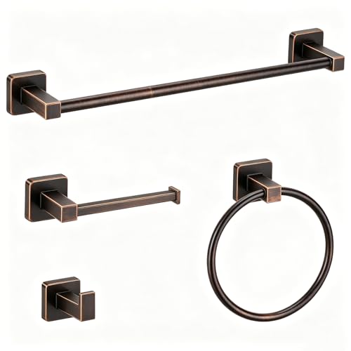 Bathroom Hardware Set 4 Pieces,Stainless Steel Oil Rubbed Bronze Towel Bar Set, Includes 24In Towel Bar, Towel Ring, Robe Towel Hooks,Toilet Paper Holder, Bathroom Towel Rack Set - color: Oil Rubbed Bronze, size: 24Inch
