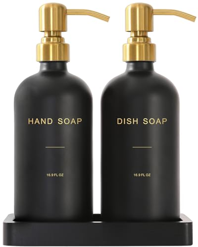 Prus Waso Black Soap Dispenser for Kitchen Sink, Hand and Dish Soap Dispenser with Stainless Steel Pump, Perfect for Gold Kitchen Accessories. (Gold & Black) - color: Hd Gold Pump & Black Bottle