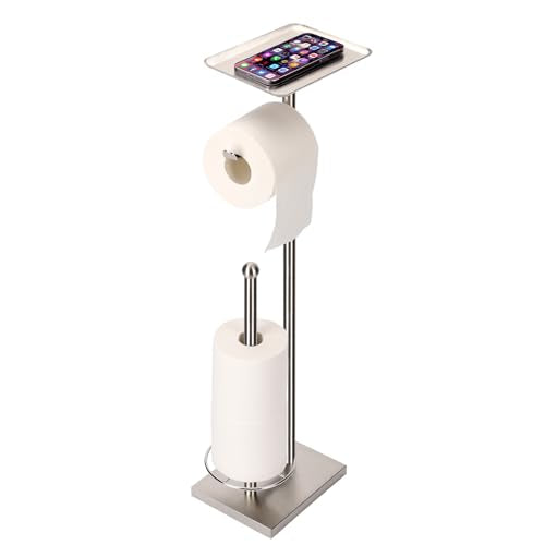 Toilet Paper Holder with Tray At the Top, Heavy-Weighted Stainless Steel Base No Wobbly, Freestanding Toilet Paper Rolls Stand, Hold Extra 3 Paper Rolls On the Base (Brushed Nickel) - color: Brushed Nickel