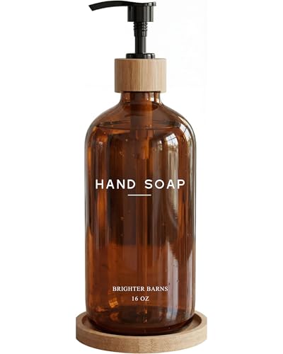 Amber Glass Hand Soap Dispenser Bathroom Set by Brighter Barns - Hand Soap Dispenser for Kitchen Sink & Bathroom - Bamboo Glass Bottle with Tray - Modern Home Decor for Spa, RV, Fitness Center (Amber) - color: Amber H