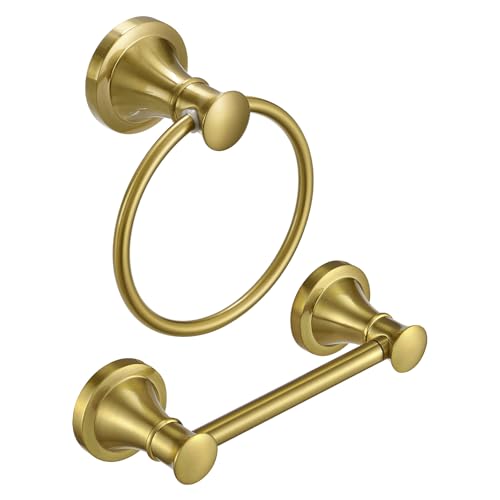 RUMOSE Toilet Paper Holder and Hand Towel Ring Brushed Gold Wall Mount Bathroom Hardware Accessories 2 PCS Set Flexible Pivoting Toilet Tissue Roll Holder and Towel Hanger, Stainless Steel - color: Brushed Gold