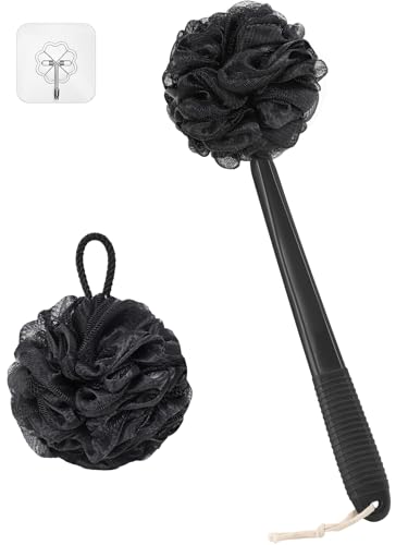 Non-Slip Back Scrubber with 17" Plastic Handle - Hand Shower Loofah & Loofah on a Stick Set, Black
